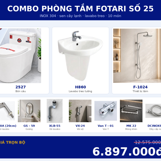 Combo lạnh 12 — 10 món — lavabo treo tường — INOX 304
