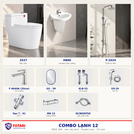 Combo lạnh 12 — 10 món — lavabo treo tường — INOX 304