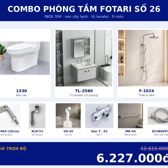 Combo lạnh 09 — 9 món — tủ lavabo — INOX 304