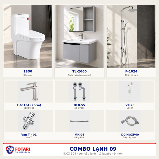 Combo lạnh 09 — 9 món — tủ lavabo — INOX 304