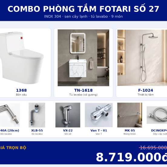 Combo lạnh 17 — 9 món — tủ lavabo — INOX 304