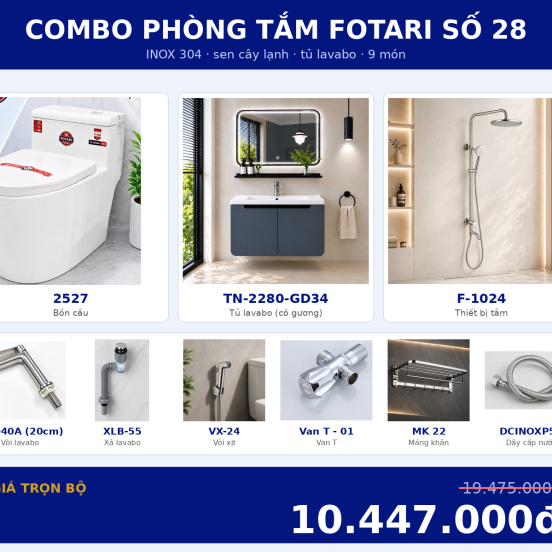 Combo lạnh 22 — 9 món — tủ lavabo — INOX 304