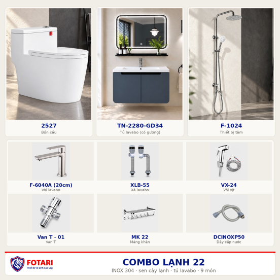 Combo lạnh 22 — 9 món — tủ lavabo — INOX 304