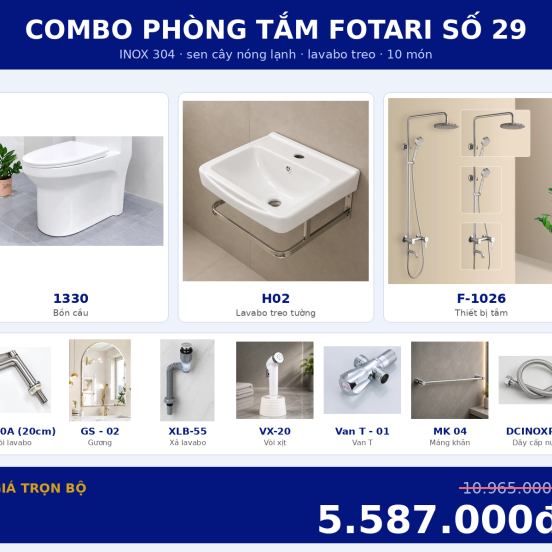 Combo kết hợp 03 — 10 món — lavabo treo tường — INOX 304