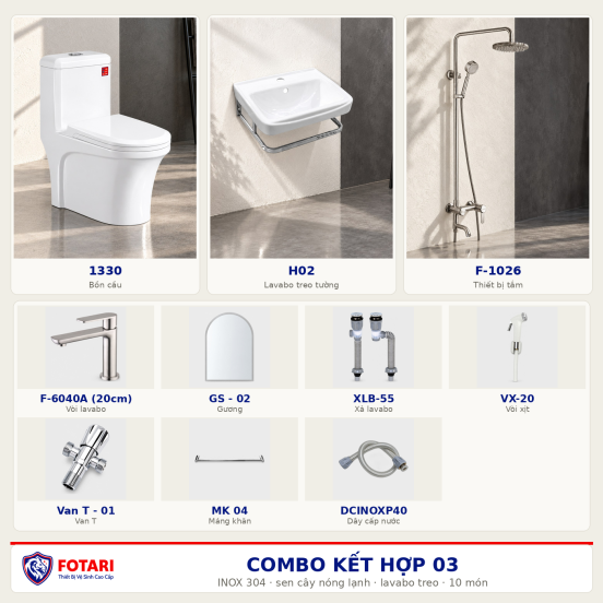 Combo kết hợp 03 — 10 món — lavabo treo tường — INOX 304