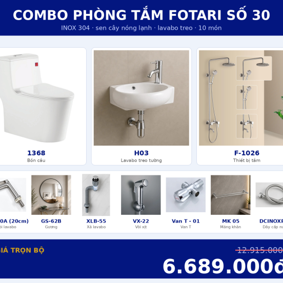 Combo kết hợp 08 — 10 món — lavabo treo tường — INOX 304