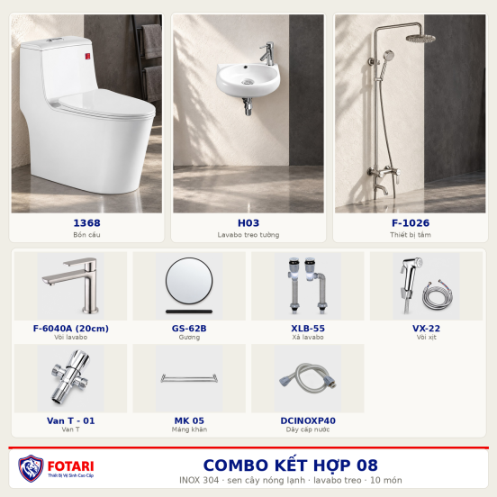 Combo kết hợp 08 — 10 món — lavabo treo tường — INOX 304