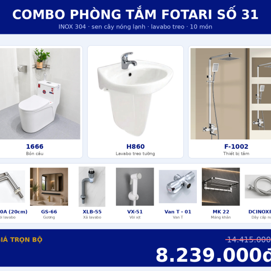 Combo kết hợp 16 — 10 món — lavabo treo tường — INOX 304
