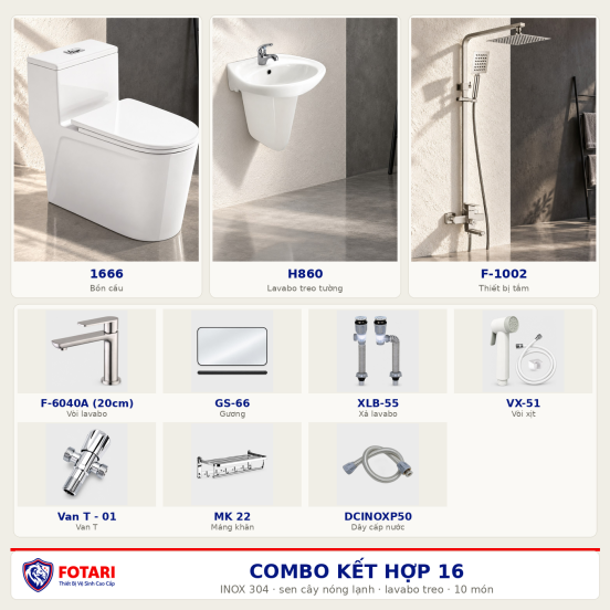 Combo kết hợp 16 — 10 món — lavabo treo tường — INOX 304