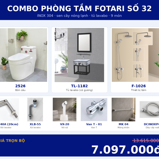 Combo kết hợp 10 — 9 món — tủ lavabo — INOX 304