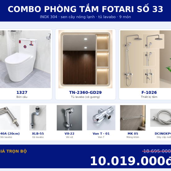 Combo kết hợp 19 — 9 món — tủ lavabo — INOX 304