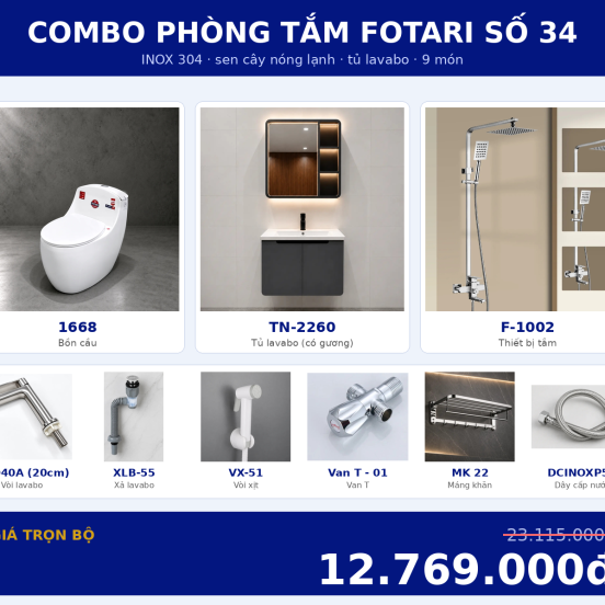 Combo kết hợp 24 — 9 món — tủ lavabo — INOX 304