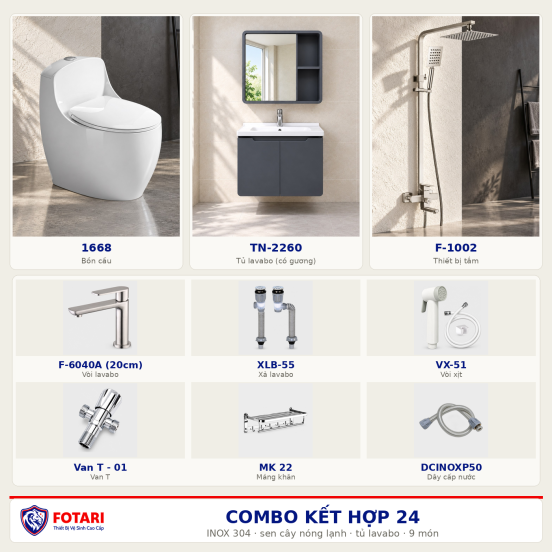 Combo kết hợp 24 — 9 món — tủ lavabo — INOX 304