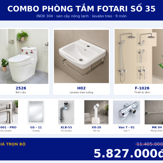 Combo nóng lạnh 03 — 9 món — lavabo treo tường — INOX 304