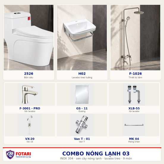 Combo nóng lạnh 03 — 9 món — lavabo treo tường — INOX 304