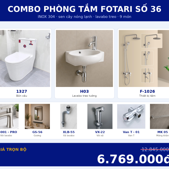 Combo nóng lạnh 10 — 9 món — lavabo treo tường — INOX 304
