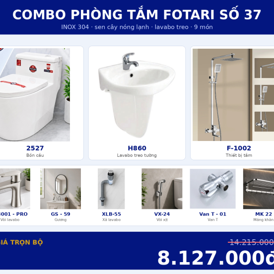 Combo nóng lạnh 14 — 9 món — lavabo treo tường — INOX 304