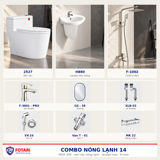 Combo nóng lạnh 14 — 9 món — lavabo treo tường — INOX 304
