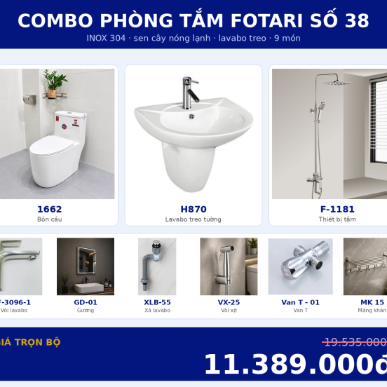 Combo nóng lạnh 28 — 9 món — lavabo treo tường — INOX 304