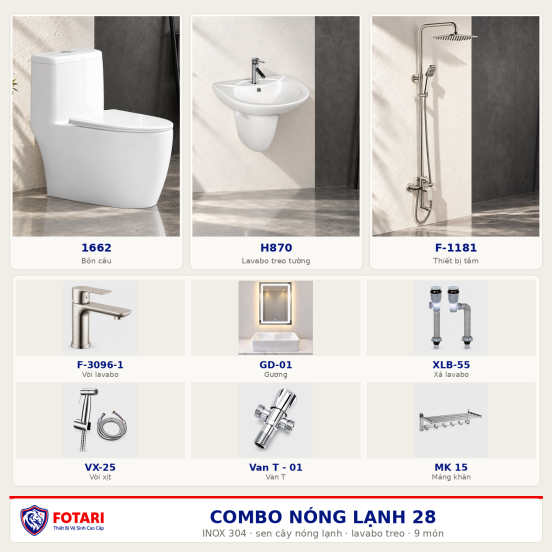 Combo nóng lạnh 28 — 9 món — lavabo treo tường — INOX 304