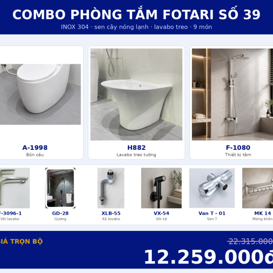 Combo nóng lạnh 32 — 9 món — lavabo treo tường — INOX 304