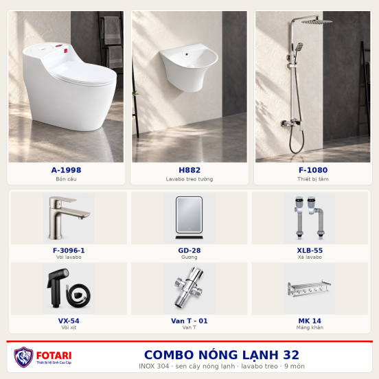 Combo nóng lạnh 32 — 9 món — lavabo treo tường — INOX 304