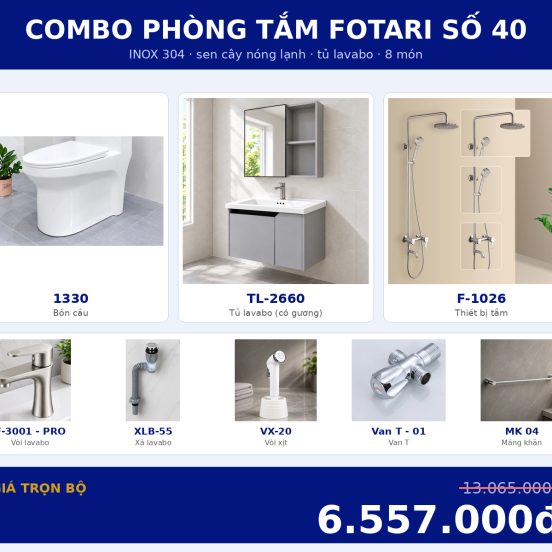 Combo nóng lạnh 09 — 8 món — tủ lavabo — INOX 304