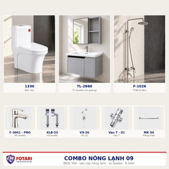 Combo nóng lạnh 09 — 8 món — tủ lavabo — INOX 304