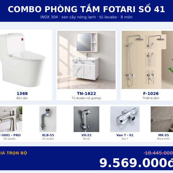 Combo nóng lạnh 19 — 8 món — tủ lavabo — INOX 304
