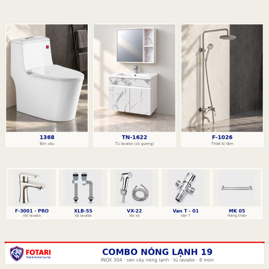 Combo nóng lạnh 19 — 8 món — tủ lavabo — INOX 304