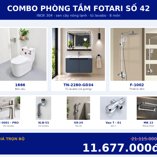 Combo nóng lạnh 29 — 8 món — tủ lavabo — INOX 304