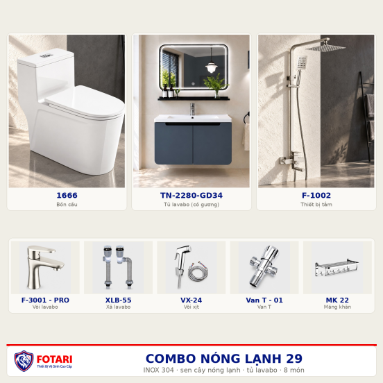 Combo nóng lạnh 29 — 8 món — tủ lavabo — INOX 304