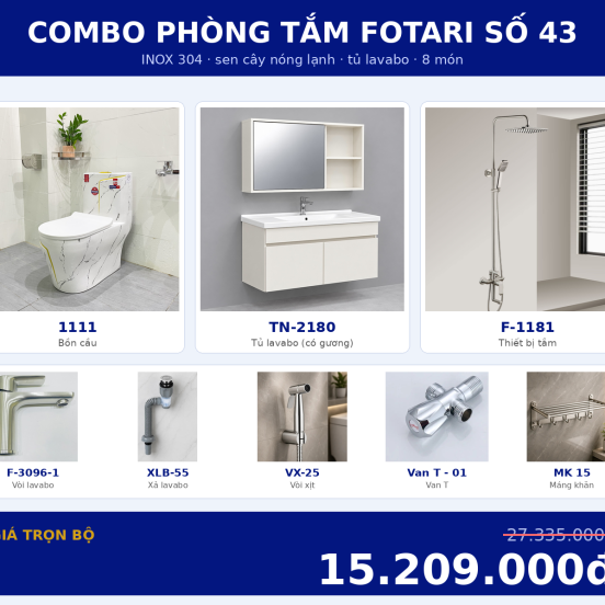Combo nóng lạnh 38 — 8 món — tủ lavabo — INOX 304