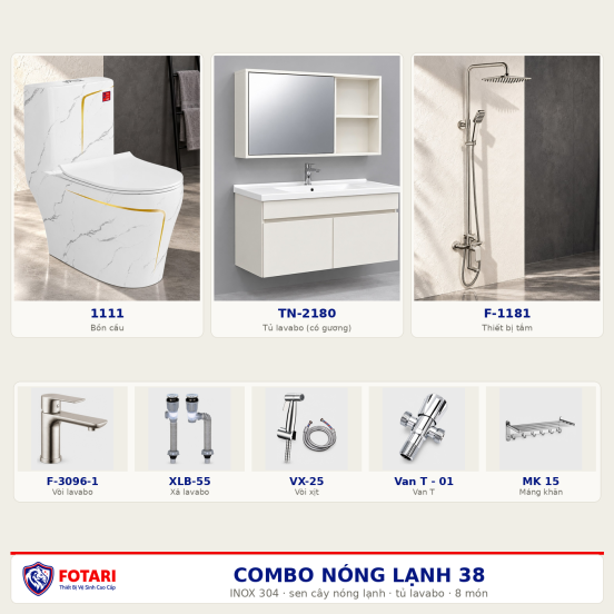 Combo nóng lạnh 38 — 8 món — tủ lavabo — INOX 304