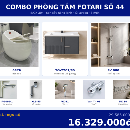Combo nóng lạnh 39 — 8 món — tủ lavabo — INOX 304