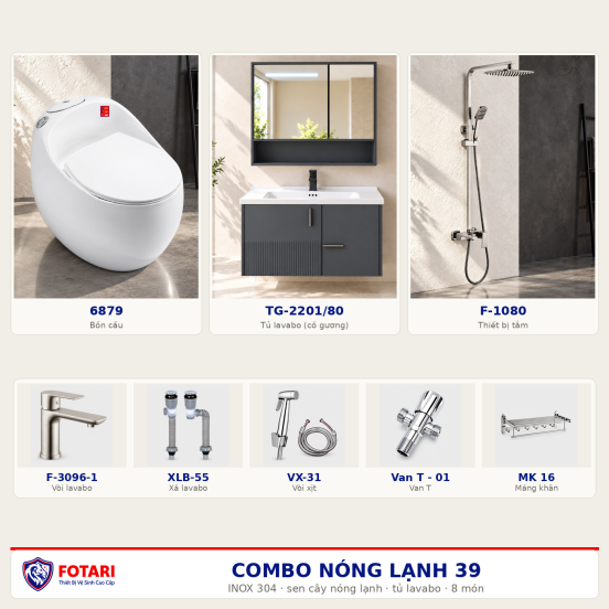 Combo nóng lạnh 39 — 8 món — tủ lavabo — INOX 304